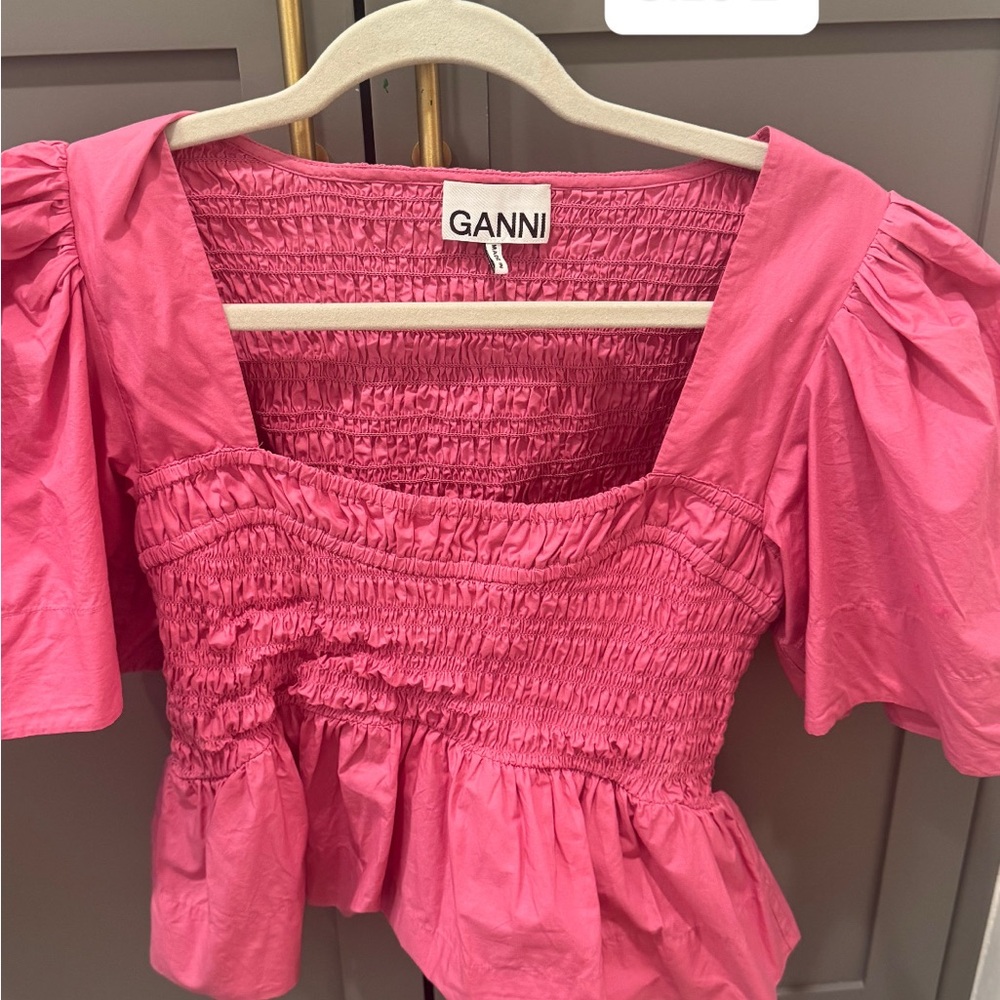 Ganni Vibrant Pink Smocked Blouse Sz. 2